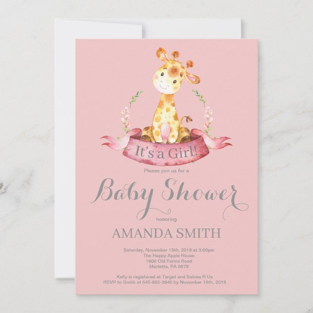 Invitation Baby shower de fille Giraffe rose et gr (Devant)