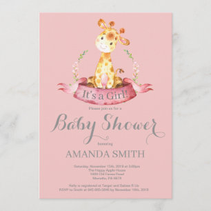 Invitation Baby shower de fille Giraffe rose et gr