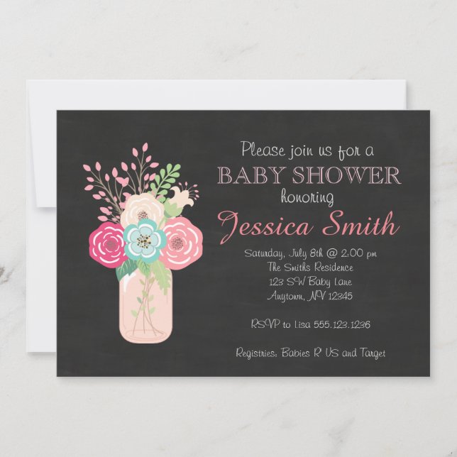 Invitation Baby shower de fille - Mason Jar/Fleurs (Devant)