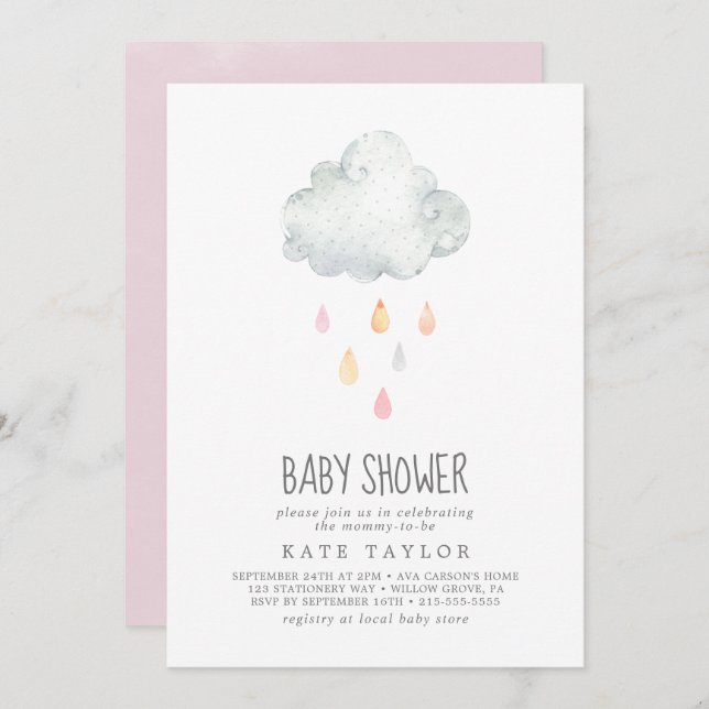 Invitation Baby shower de fille nuage de pluie (Devant / Derrière)