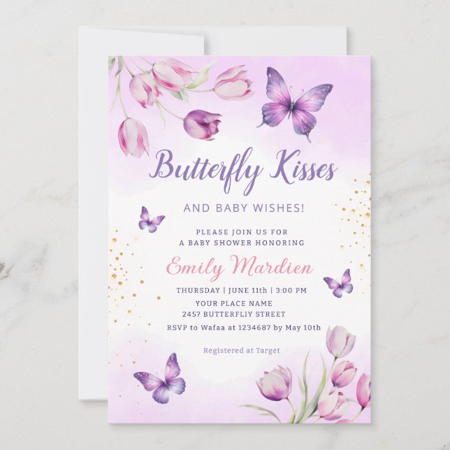 Invitation Baby shower de fille papillon floral violet modern (Devant)