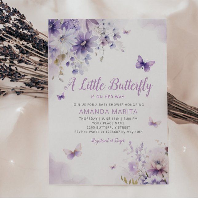 Invitation Baby shower de fille papillon floral violet modern (Créateur téléchargé)