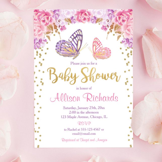 Invitation Baby shower de fille papillon violet en or rose (Créateur téléchargé)