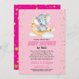 Invitation baby shower de fille par courrier, lune d'éléphant