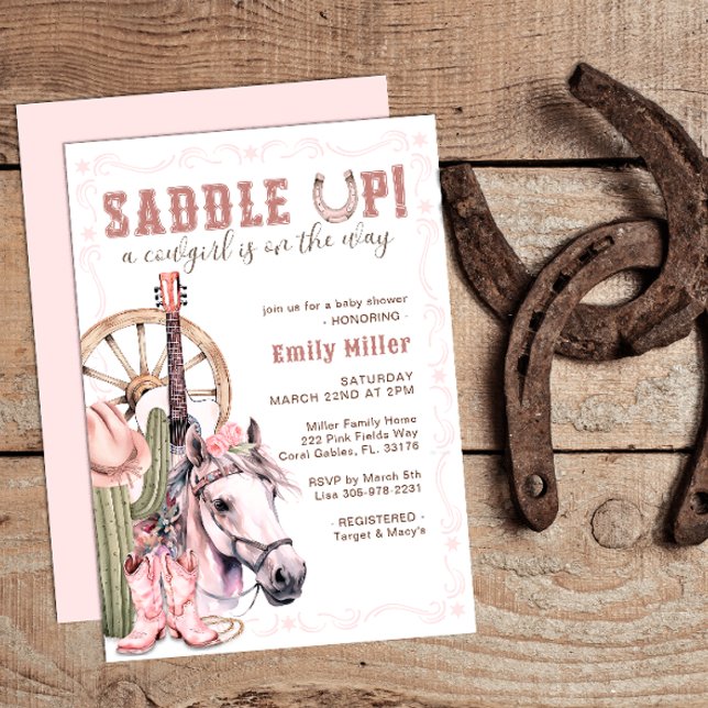 Invitation Baby shower de fille rose de l'Ouest Saddup Card (Pink Saddle Up Country Baby Shower Theme)