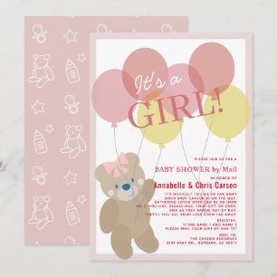 Invitation Baby shower de fille rose de l'ours en peluche par