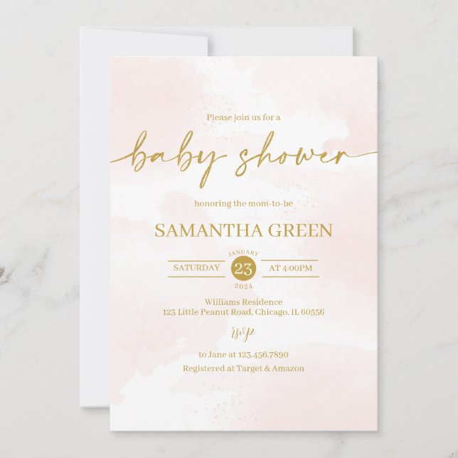 Invitation Baby shower de fille rose et or (Devant)