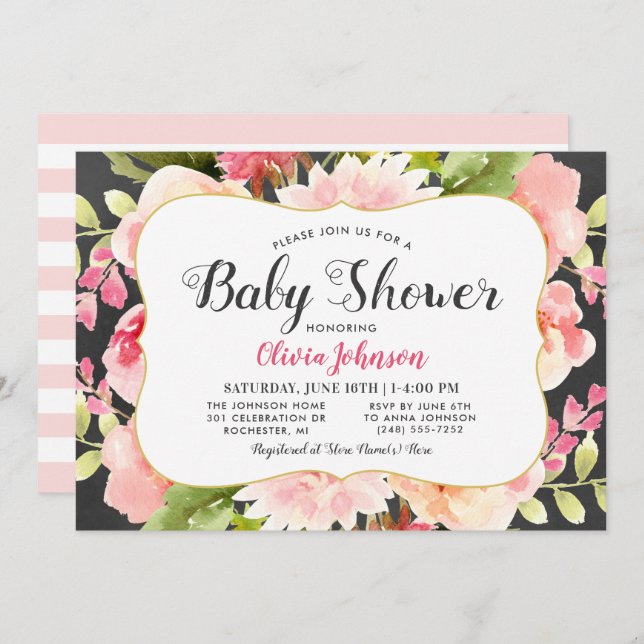 Invitation Baby shower de fille rose floral moderne (Devant / Derrière)