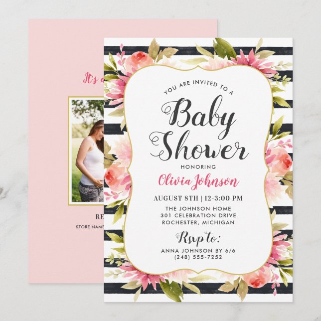 Invitation Baby shower de fille rose floral moderne (Devant / Derrière)