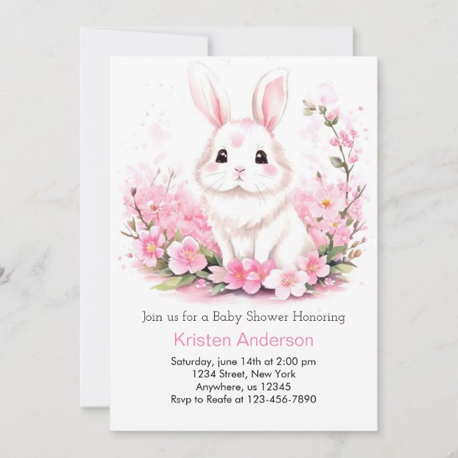Invitation Baby shower de fille rose lapin en bois enchanté (Devant)