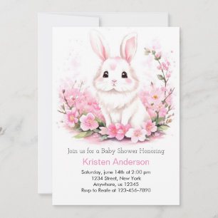 Invitation Baby shower de fille rose lapin en bois enchanté