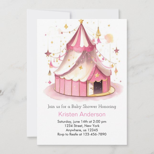 Invitation Baby shower de fille rose magique du Cirque mignon (Devant)