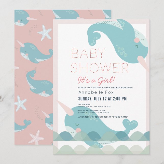 Invitation Baby shower de fille rose marine des vagues Narwha (Devant / Derrière)