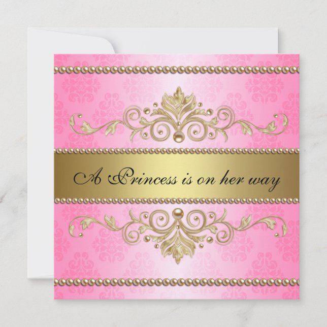Invitation Baby shower de fille rose Motif Gold Flourish (Devant)