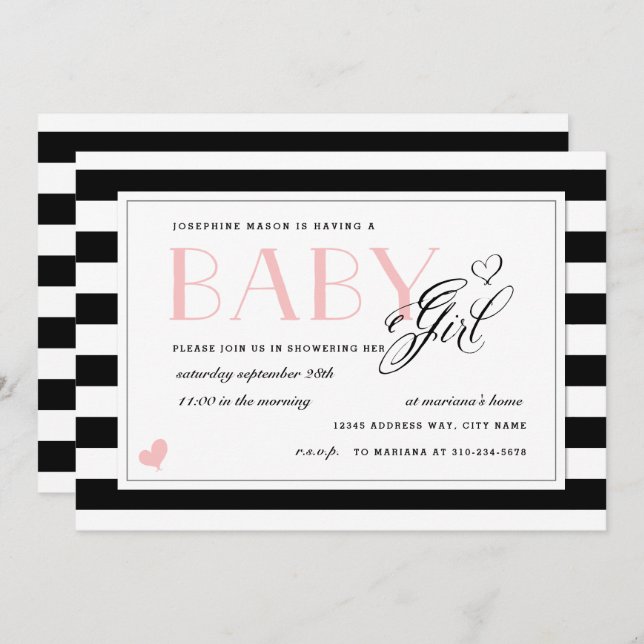 Invitation Baby shower de fille rose pâle noir et blanc (Devant / Derrière)