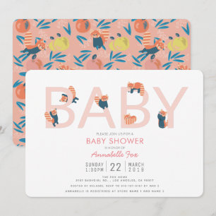 Invitation Baby shower de fille rose Panda rouge