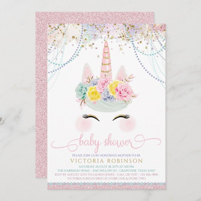 Invitation Baby shower de fille Unicorn rose pâle (Devant / Derrière)