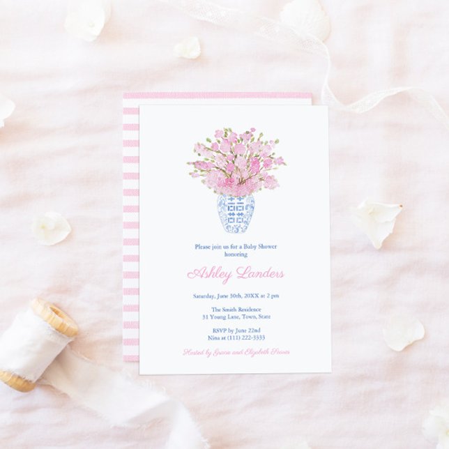Invitation Baby shower de fille Vase blanc bleu Sakura (Créateur téléchargé)