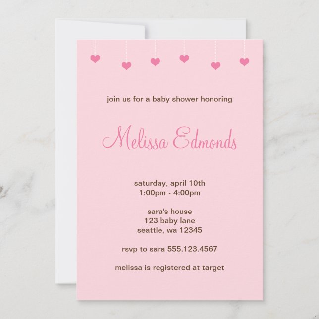 Invitation Baby shower de filles accrochant des coeurs roses  (Devant)