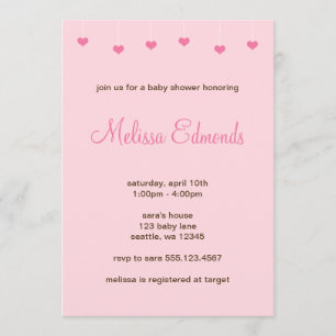 Invitation Baby shower de filles accrochant des coeurs roses 