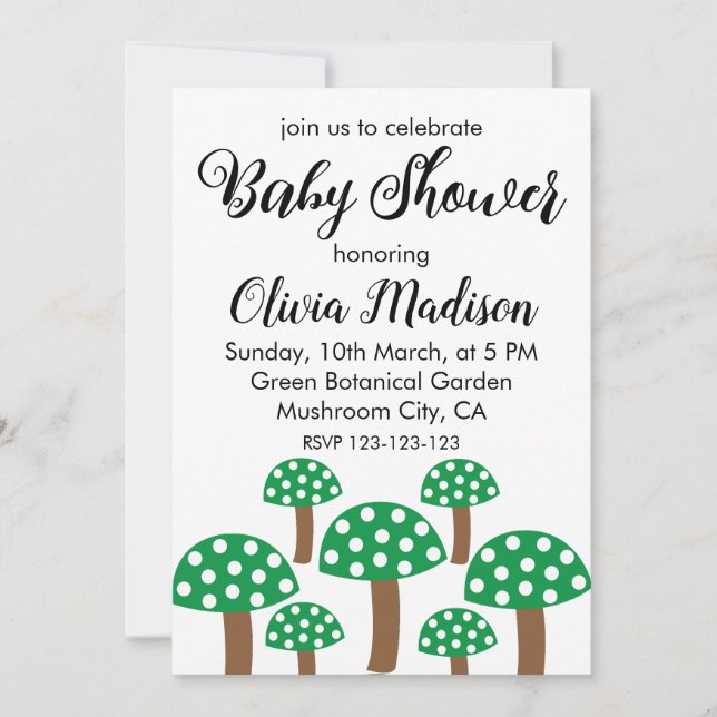 Invitation Baby shower de filles aux champignons verts (Devant)