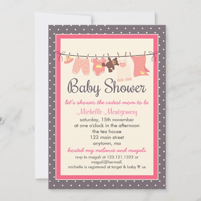 Invitation Baby shower de filles aux lignes de vêtements pour (Devant)