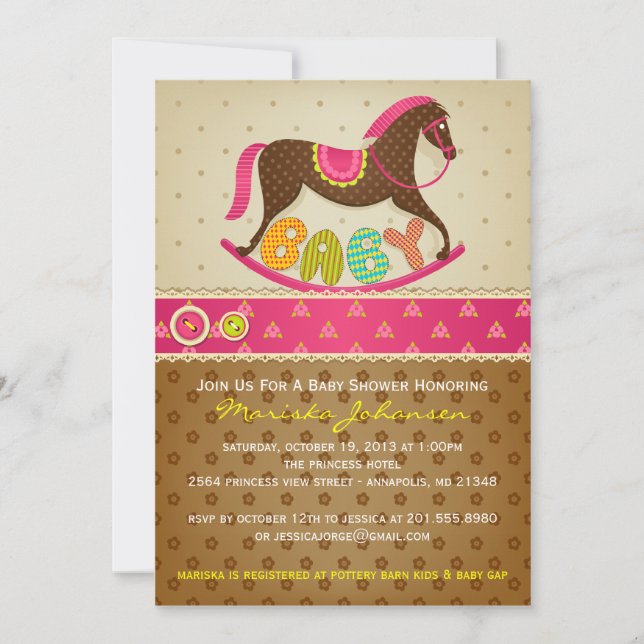 Invitation Baby shower de filles Cheval-Rocking (Devant)