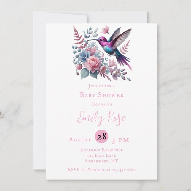 Invitation Baby shower de filles colibri et rose en fleurs (Devant)