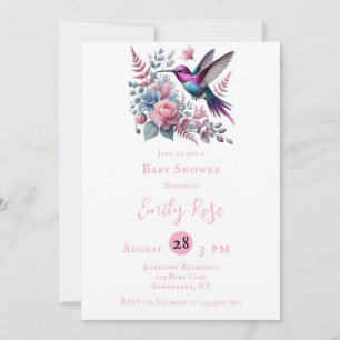 Invitation Baby shower de filles colibri et rose en fleurs