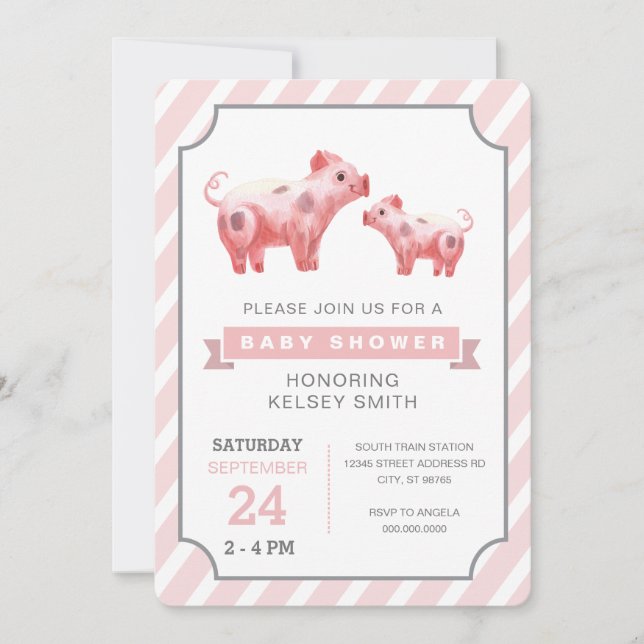 Invitation Baby shower de filles de la ferme de cochons roses (Devant)