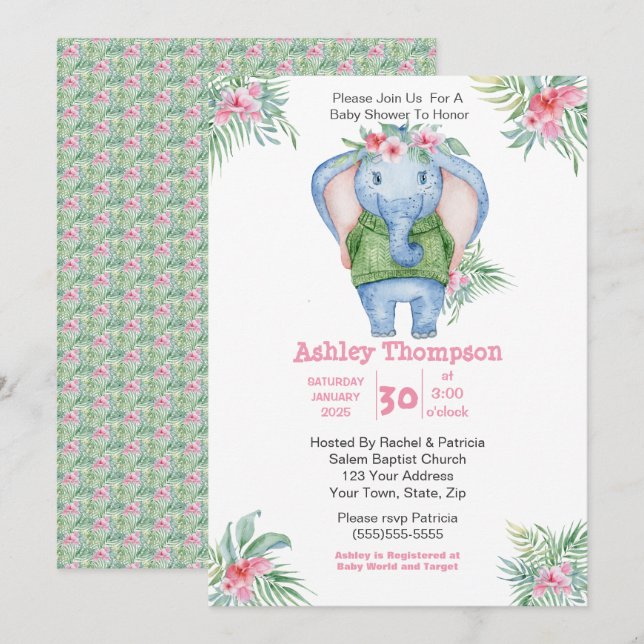 Invitation Baby shower de filles Eléphantes mignonnes (Devant / Derrière)