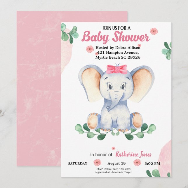 Invitation Baby shower de filles Eléphantes mignonnes (Devant / Derrière)