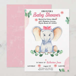 Invitation Baby shower de filles Eléphantes mignonnes