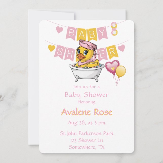 Invitation Baby shower de filles en caoutchouc rose et jaune (Devant)