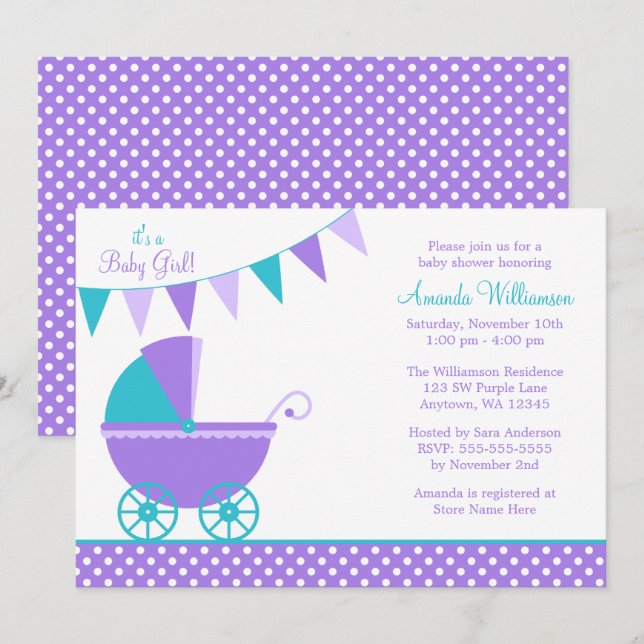 Invitation Baby shower de filles porteuses Turquoises pourpre (Devant / Derrière)