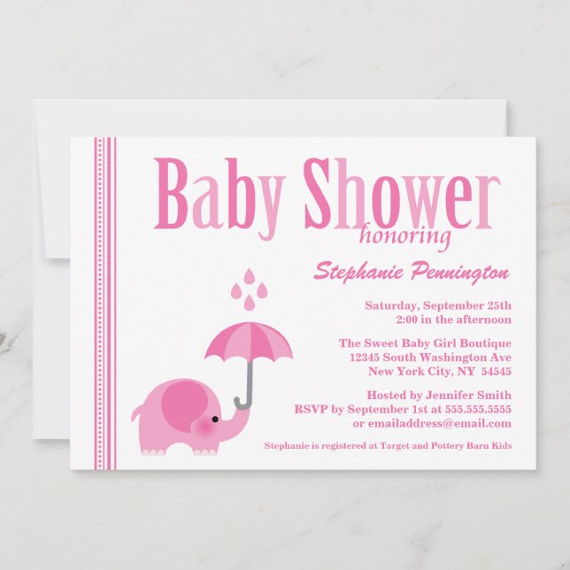 Invitation baby shower de filles roses à l'éléphan (Devant)