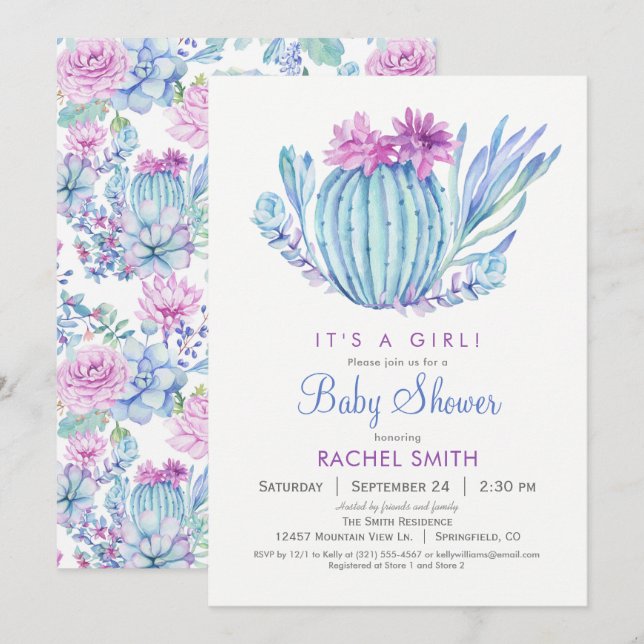 Invitation Baby shower de filles succulentes (Devant / Derrière)