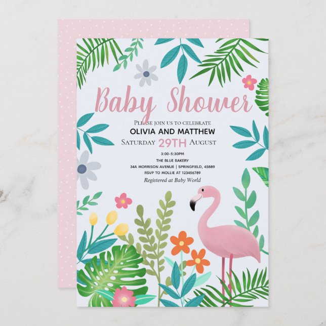 Invitation Baby shower de Flamant rose de la jungle tropicale (Devant / Derrière)
