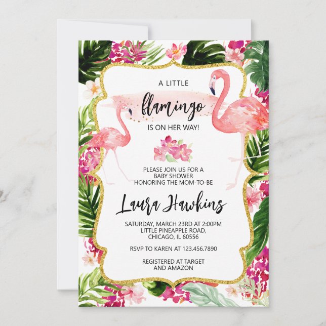 Invitation Baby shower de Flamant rose floral (Devant)