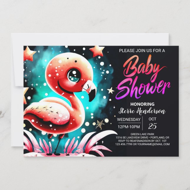 Invitation Baby shower de Flamant rose numérique pour filles (Devant)