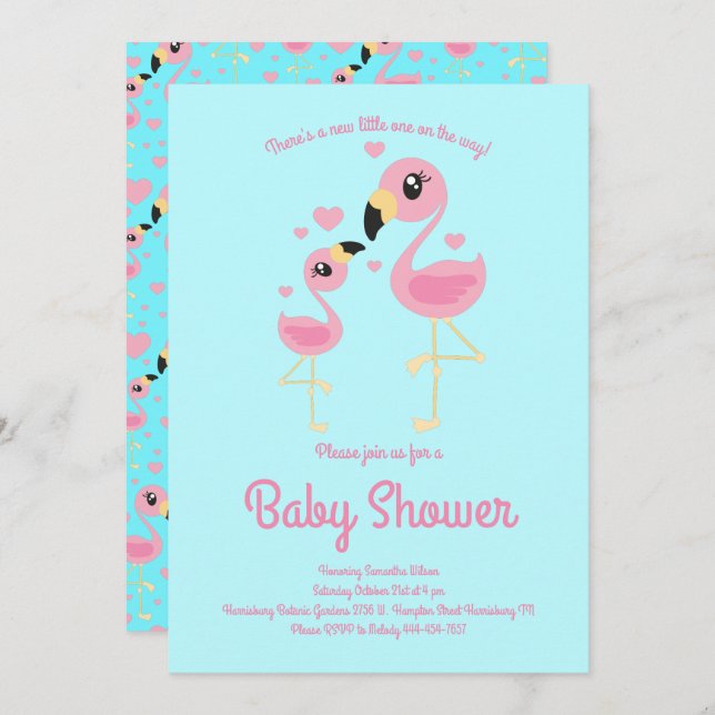 Invitation Baby shower de Flamant rose rose (Devant / Derrière)