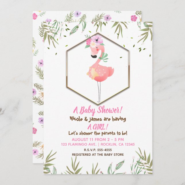 Invitation Baby shower de Flamant rose rose Aquarelle tropica (Devant / Derrière)