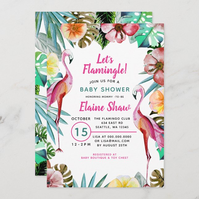 Invitation Baby shower de Flamant rose rose paradis tropical (Devant / Derrière)