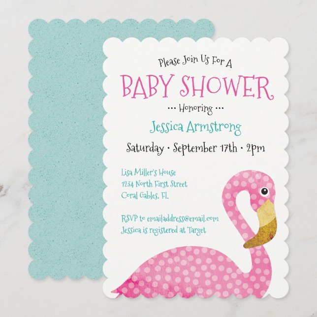 Invitation Baby shower de Flamant rose rose Polka Dot (Devant / Derrière)