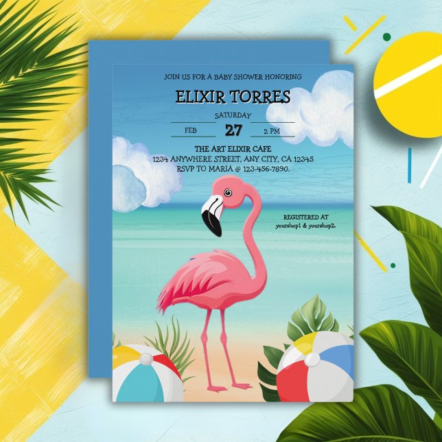 Invitation Baby shower de Flamant rose rose Summer Beach (Créateur téléchargé)