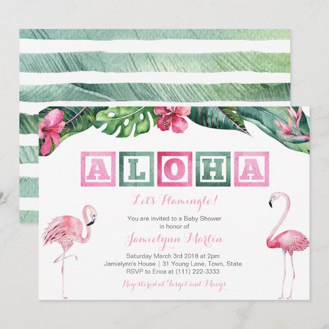 Invitation Baby shower de Flamants roses de Foliage Tropical  (Devant / Derrière)