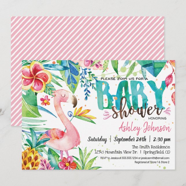 Invitation Baby shower de Flamants roses tropicaux (Devant / Derrière)