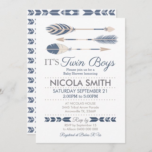 Invitation Baby shower de Flèche Tribale Twin Boys (Devant / Derrière)