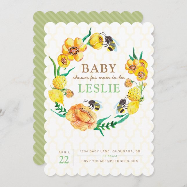 Invitation Baby shower de fleur d'abeilles (Devant / Derrière)