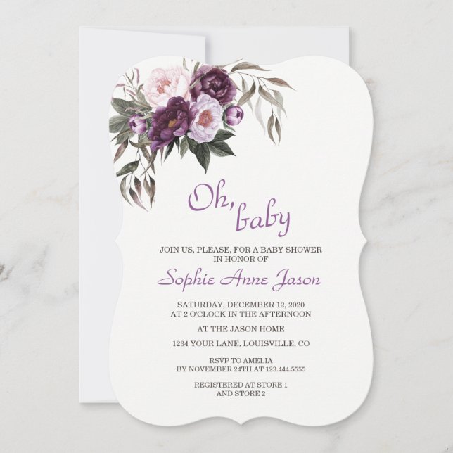 Invitation Baby shower de fleur de pivoine rose violet délica (Devant)